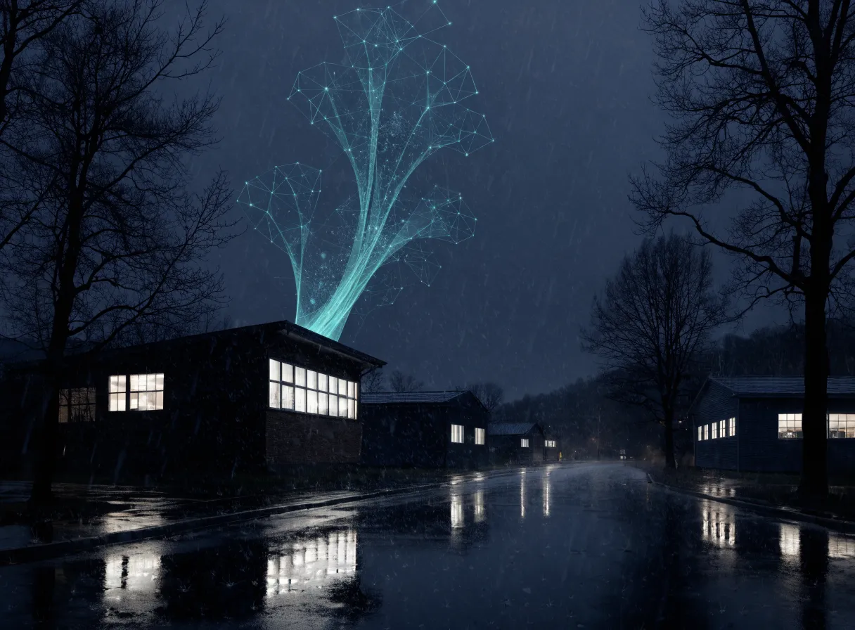Abstract rendering of connectivity arcs rising over an upstate New York industrial park at dusk
